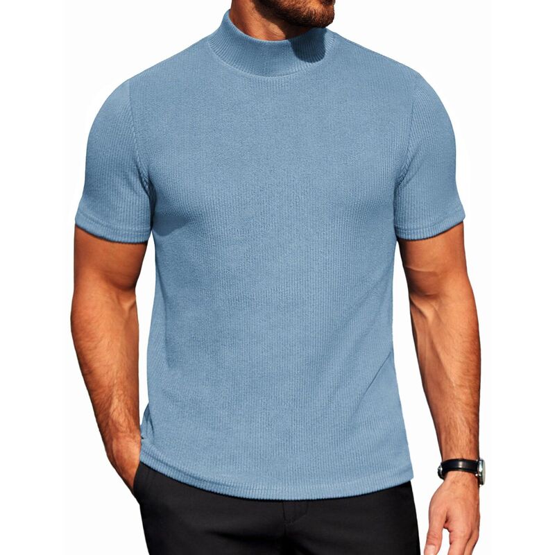 クーファンディ メンズ トップス Tシャツ スリムフィット モックネック リブ セーター ニット COOFANDY Men' Mock Neck Short Sleeve Slim Fit Mock Turtlenek Sweateribbed Knit Pullover Casualight Blue ブルー｜ReVida 店