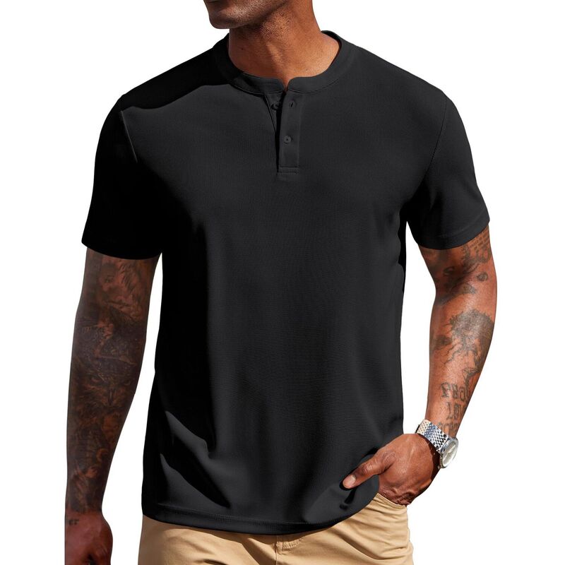 クーファンディ メンズ トップス Tシャツ COOFANDY Men' Henley Shirtshort Sleeve Texture Casual Button Henley Summer Classic Basic Tee Black ブラック｜ReVida 店