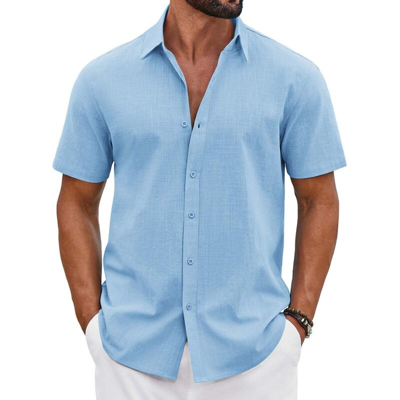 クーファンディ メンズ トップス Tシャツ ボタンダウン コットン ダウン リネン COOFANDY Men' Button Down Shirt Short Sleeve Casual Summer Beach Cotton Linen Wedding Shirts Clear Blue ブルー｜ReVida 店
