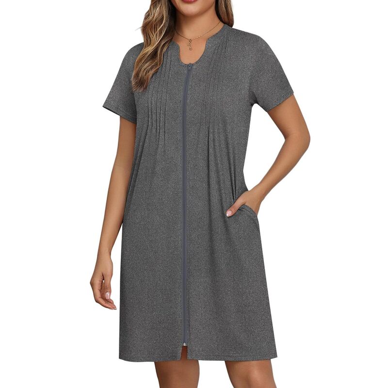 エコアー レディース アンダーウェア ナイトウェア コート Ekouaer Women Zipperobeshort Bathrobe Lightweight Mumu Duster House Coat with Pocketsoft Moo Dark Grey グレー｜ReVida 店