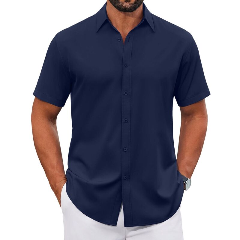 クーファンディ メンズ トップス Tシャツ ボタンダウン COOFANDY Short Sleeve Shirts for Men Casual Button Down Shirt Wrinkle Free Dresshirt Lightweight Navy Blue ネイビー｜ReVida 店