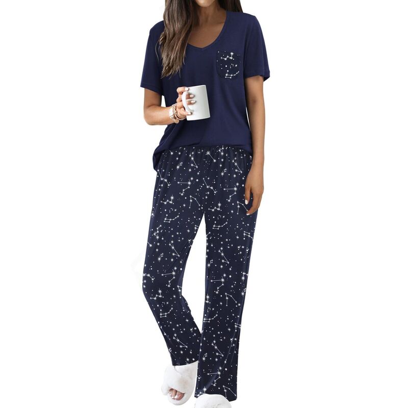 エコアー レディース アンダーウェア ナイトウェア Vネック パンツ Ekouaer Pajama Sets for Women Short Sleeve Pj Set V Neck Sleepwear Chest Pocket with Long Pants Navy Starry Sky ネイビー｜ReVida 店