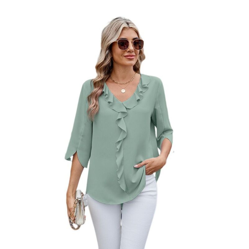 ボディサイズ レディース トップス シャツ Vネック フリル ブラウス BODDYSIZE Womensummer Trendy Dressy Casual Blouses 3/4 Sleeve V Neck Ruffle Business Work Shirtops Bean Green グリーン｜ReVida 店