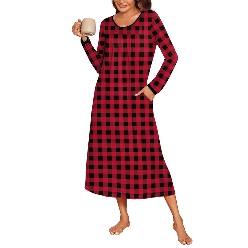 エコアー レディース アンダーウェア ナイトウェア シャツ Ekouaer Women Long Nightgown Pajama Dressoft Nightdress Long Sleeve Nightshirt Lounge Dress Plaid チェック｜ReVida 店