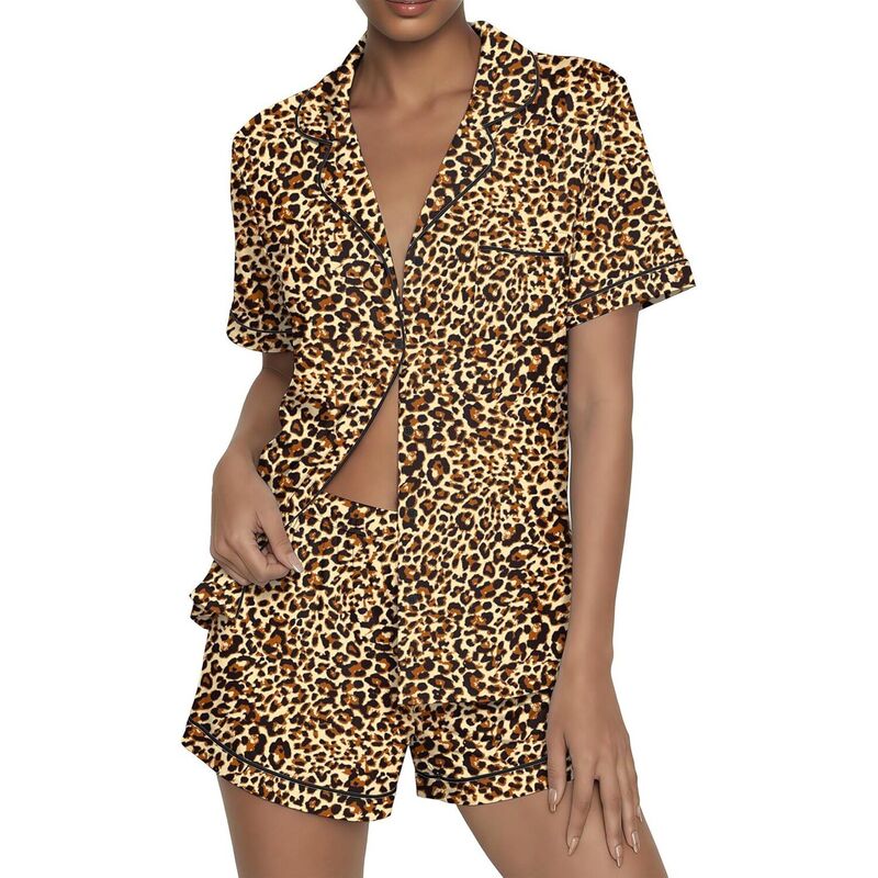 エコアー レディース アンダーウェア ナイトウェア Ekouaer Womens Pajama Sets Button Up Summer Cute Pjs Two Piece Short Sleeve Sleepwear Lounge Set Brown Leopard ブラウン｜ReVida 店