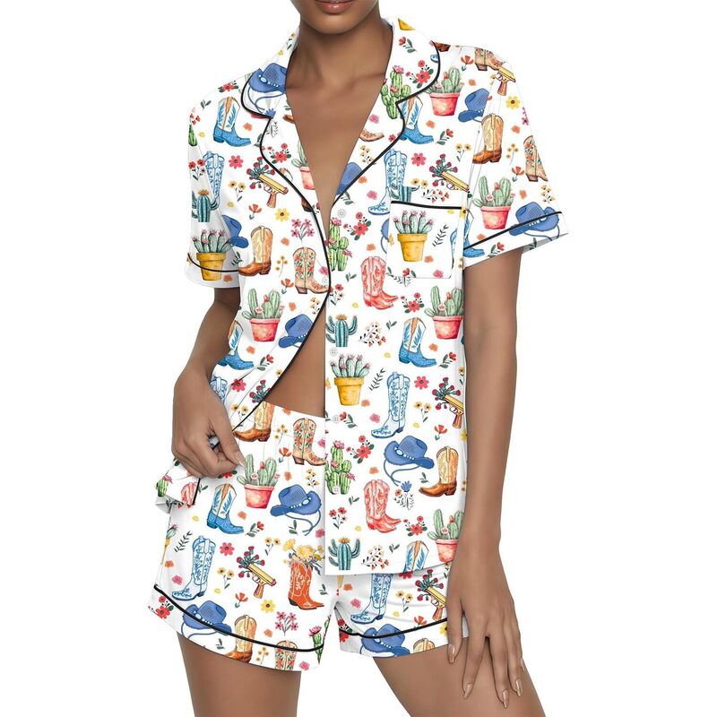 エコアー レディース アンダーウェア ナイトウェア Ekouaer Womens Pajama Sets Button Up Summer Cute Pjs Two Piece Short Sleeve Sleepwear Lounge Set White With Cartoon ホワイト｜ReVida 店