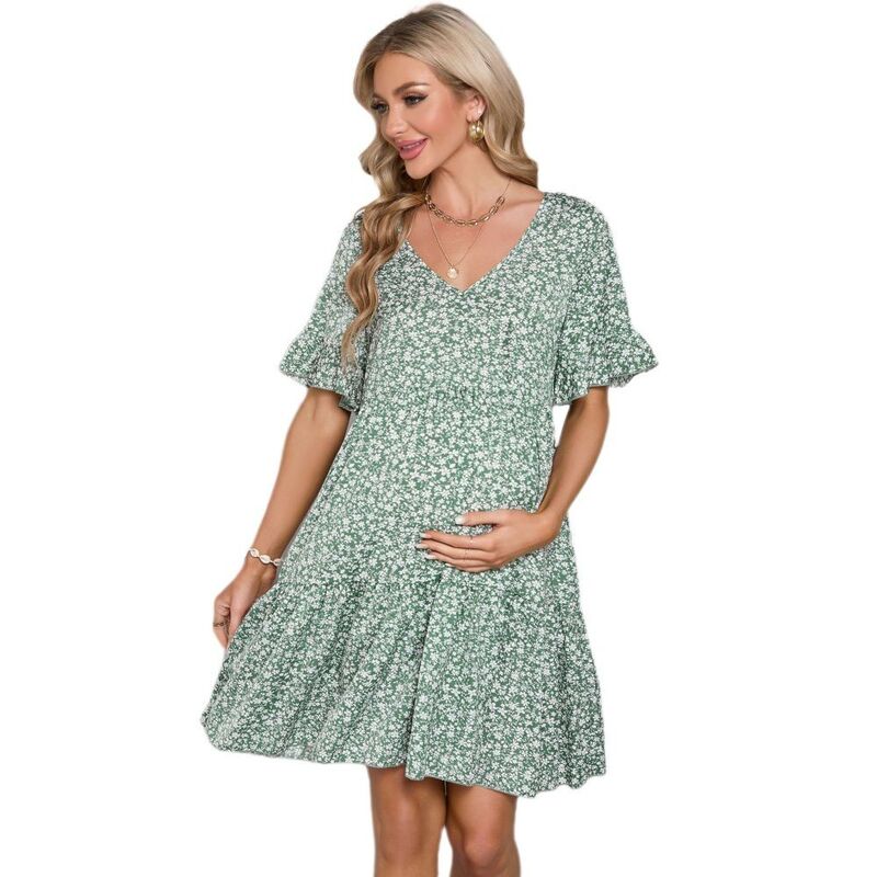 イエスファッション レディース トップス ワンピース Vネック ティアード プリント マタニティ Yesfashion Women\'s Maternity Printed Tieredress V-Neck Flutter Sleeve Casual Swing Dress Green Floral グリーン｜ReVida 店