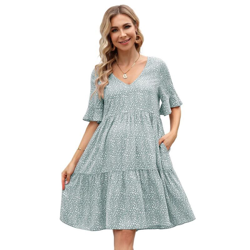 イエスファッション レディース トップス ワンピース Vネック ティアード プリント マタニティ Yesfashion Women\'s Maternity Printed Tieredress V-Neck Flutter Sleeve Casual Swing Dress Green White Floral ホワイト｜ReVida 店
