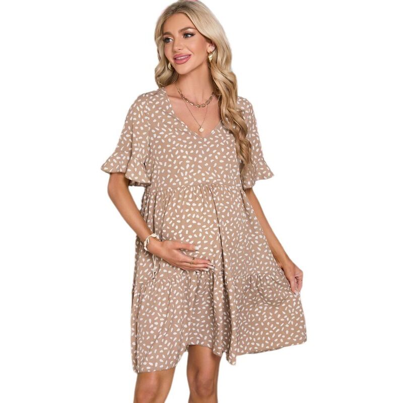 イエスファッション レディース トップス ワンピース Vネック ティアード プリント マタニティ Yesfashion Women\'s Maternity Printed Tieredress V-Neck Flutter Sleeve Casual Swing Dress Kaqi Leopard アニマル｜ReVida 店