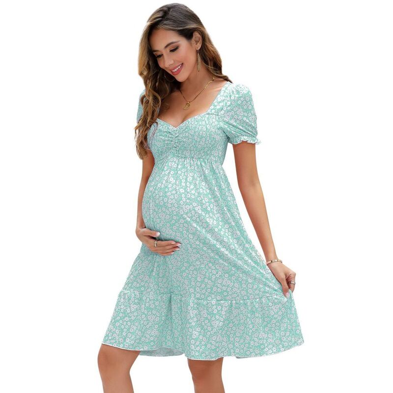 イエスファッション レディース トップス ワンピース ハイウエスト ミニ シャーリング マタニティ Yesfashion Women\'s Maternity Puff Sleeve High Waist Mini Dressmocked Bust Casual Dress Green Floral グリーン｜ReVida 店