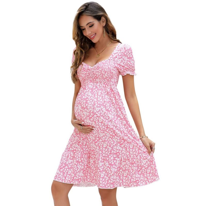 イエスファッション レディース トップス ワンピース ハイウエスト ミニ シャーリング マタニティ Yesfashion Women\'s Maternity Puff Sleeve High Waist Mini Dressmocked Bust Casual Dress Pink Floral ピンク｜ReVida 店