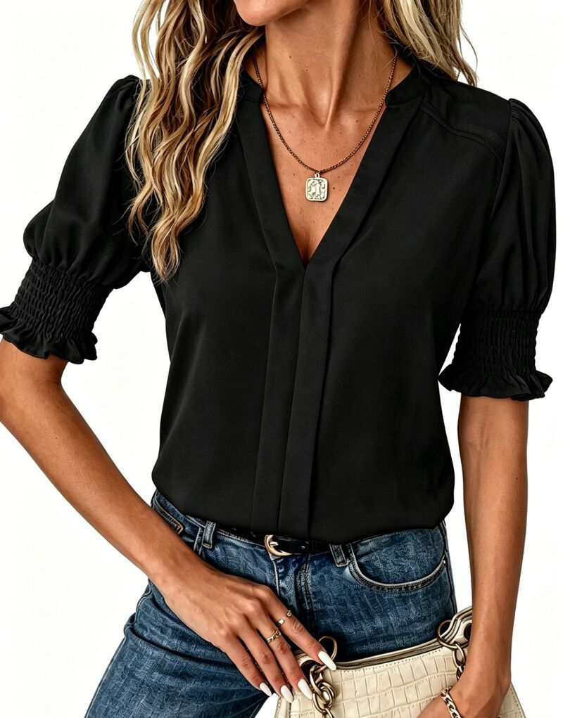 クリアラブ レディース トップス シャツ Vネック ブラウス Clearlove Women'summer Casual V Neck Short Sleeve Topsolid Color Flowy Trendy Tunic Blouses Black ブラック｜ReVida 店