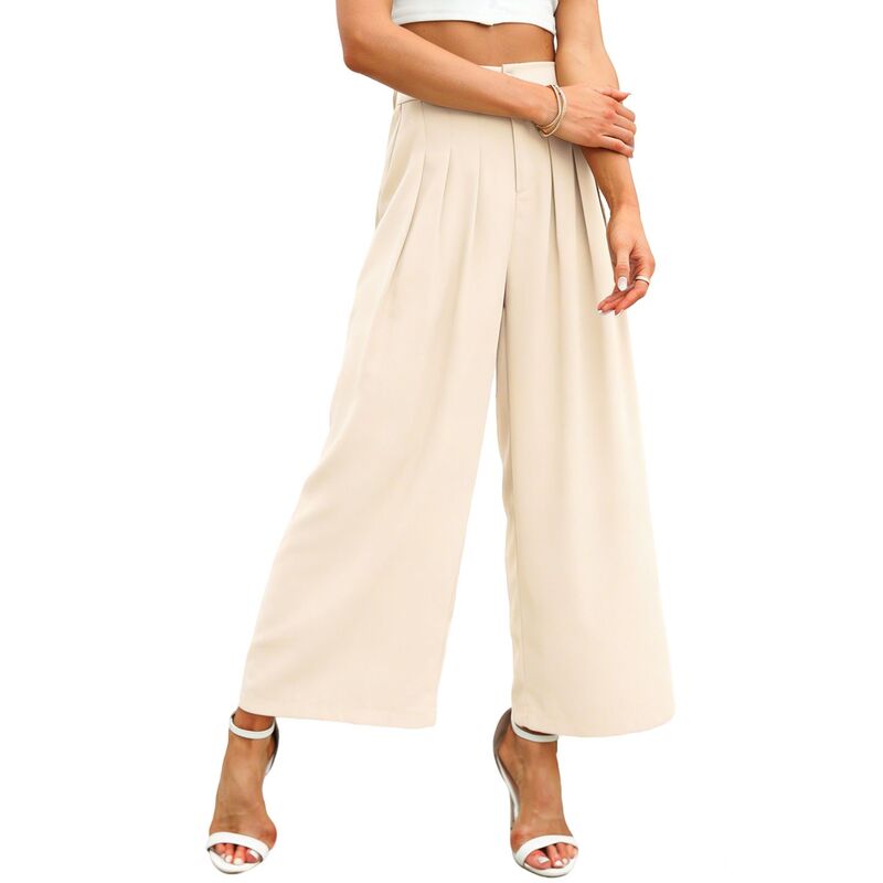 クリアフラワー レディース ボトムス カジュアルパンツ ワイドレッグ ハイウエスト プリーツ クロップド ClearFlower Women's High Waist Pleated Wide Leg Pants Flowy Croppedress Pants for Work & Casual Wear Beige ベージュ｜ReVida 店