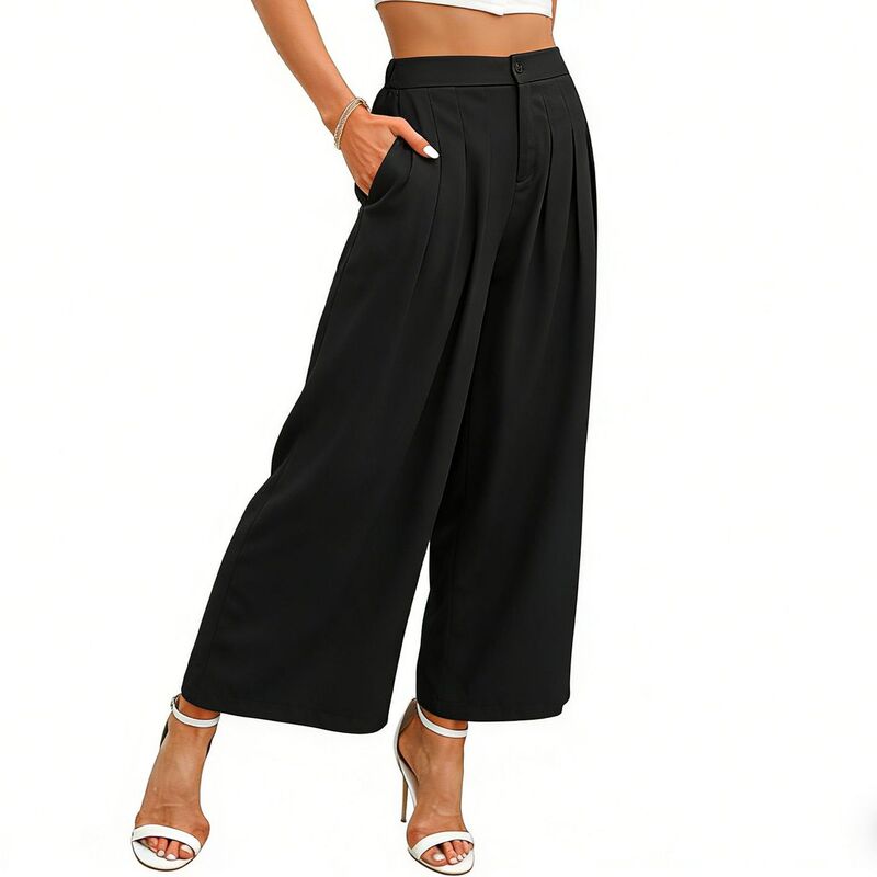 クリアフラワー レディース ボトムス カジュアルパンツ ワイドレッグ ハイウエスト プリーツ クロップド ClearFlower Women's High Waist Pleated Wide Leg Pants Flowy Croppedress Pants for Work & Casual Wear Black ブラック｜ReVida 店