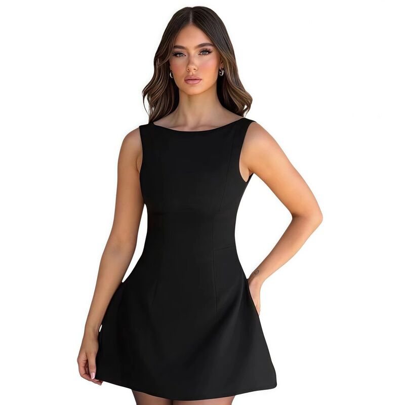 エリートスピリット レディース トップス ワンピース A ライン ミニ ノースリーブ EliteSpirit Womensummer Sleeveless Mini Dress Elegant Classy Boat Neck A Line Cocktail Party Short Dresses Black ブラック｜ReVida 店