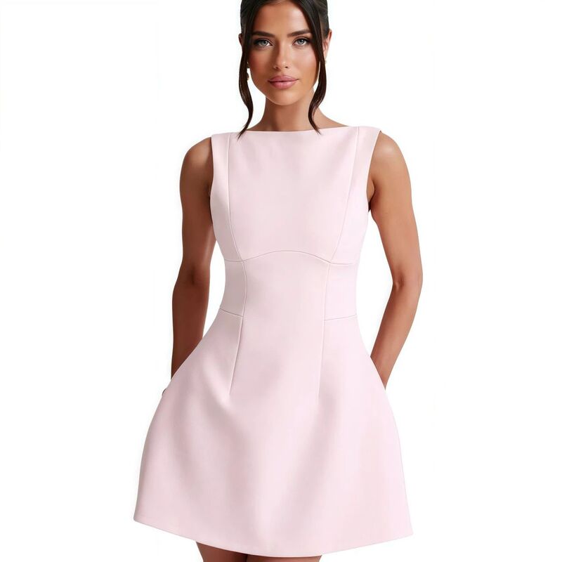 エリートスピリット レディース トップス ワンピース A ライン ミニ ノースリーブ EliteSpirit Womensummer Sleeveless Mini Dress Elegant Classy Boat Neck A Line Cocktail Party Short Dresses Pink ピンク｜ReVida 店