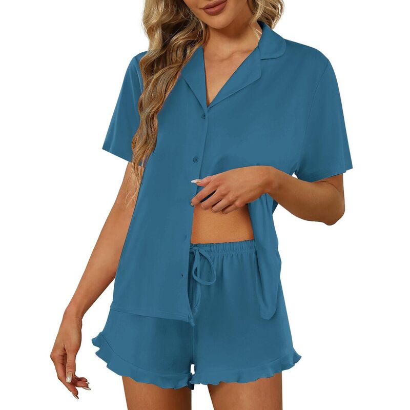 エコアー レディース アンダーウェア ナイトウェア ボタンダウン Ekouaer Pajamaset for Women Short Sleeve Sleepwear Button Down Pjs Lounge Setsoft Nightwear Blue Green ブルー｜ReVida 店