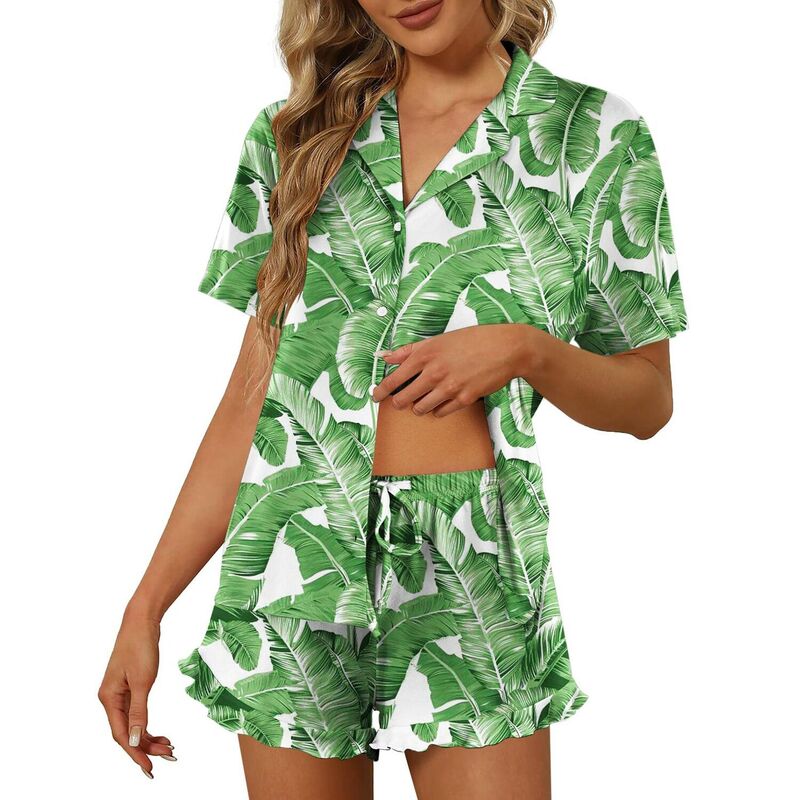 エコアー レディース アンダーウェア ナイトウェア ボタンダウン Ekouaer Pajamaset for Women Short Sleeve Sleepwear Button Down Pjs Lounge Setsoft Nightwear Leaves｜ReVida 店