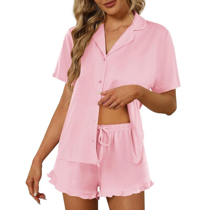 エコアー レディース アンダーウェア ナイトウェア ボタンダウン Ekouaer Pajamaset for Women Short Sleeve Sleepwear Button Down Pjs Lounge Setsoft Nightwear Pink ピンク｜ReVida 店