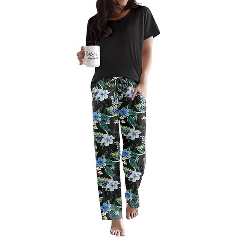エコアー レディース アンダーウェア ナイトウェア パンツ Ekouaer Pajama Sets Round Neck Pajamashort Sleeve Sleepwear with Long Pants Loose Lounge Sets Black Blue Flower ブラック｜ReVida 店