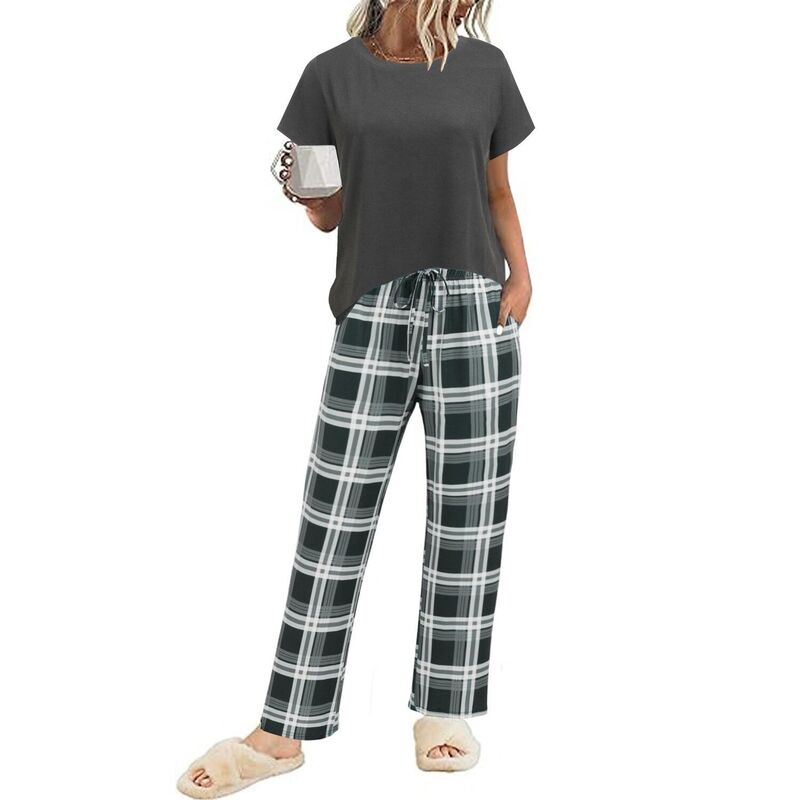 エコアー レディース アンダーウェア ナイトウェア パンツ Ekouaer Pajama Sets Round Neck Pajamashort Sleeve Sleepwear with Long Pants Loose Lounge Sets Deep Grey White Plaid ホワイト｜ReVida 店