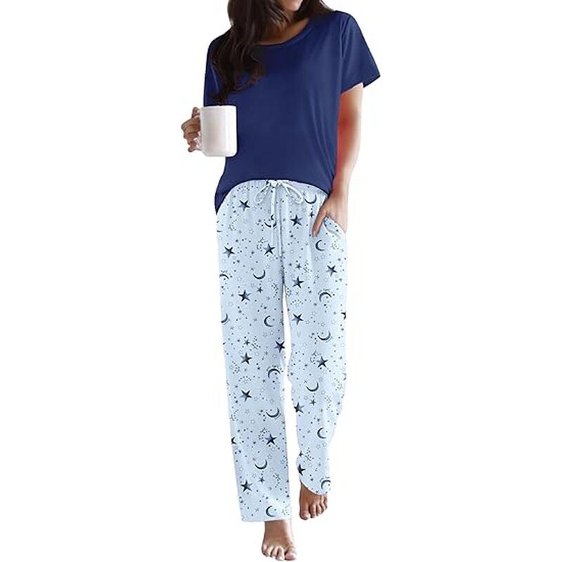 エコアー レディース アンダーウェア ナイトウェア パンツ Ekouaer Pajama Sets Round Neck Pajamashort Sleeve Sleepwear with Long Pants Loose Lounge Sets Navy Blue Star ネイビー｜ReVida 店