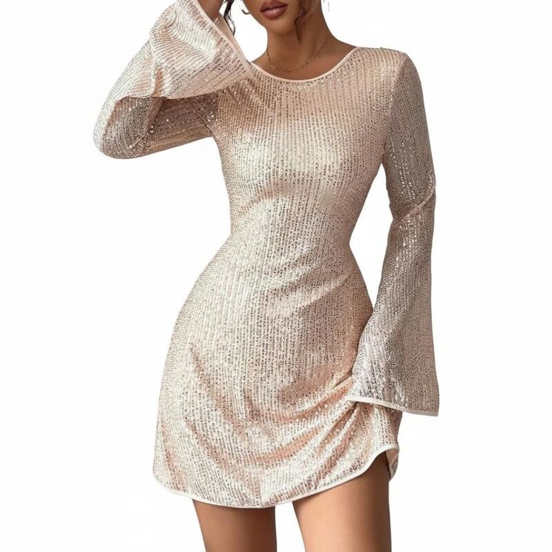 イエスファッション レディース トップス ワンピース クルーネック スパンコール Yesfashion Women\'sequin Flutter Sleeve Sparkly Crew Neck Glitter Cocktail Formal Party Dresses Champagne シャンパン｜ReVida 店
