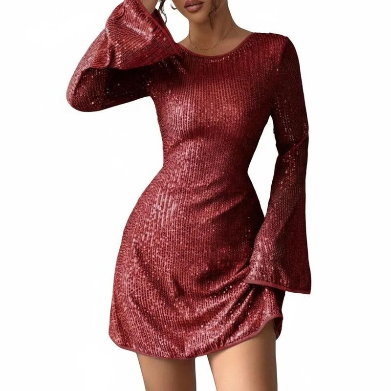 イエスファッション レディース トップス ワンピース クルーネック スパンコール Yesfashion Women\'sequin Flutter Sleeve Sparkly Crew Neck Glitter Cocktail Formal Party Dresses Wine Red レッド｜ReVida 店