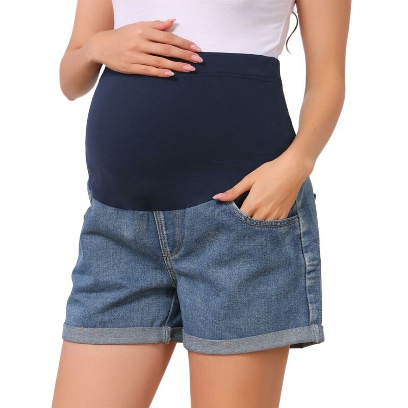インスパイア シック レディース ボトムス ハーフパンツ・ショーツ ショートパンツ デニム マタニティ ジーンズ INSPIRE CHIC Women's Denim Summer Lounge Roll Hematernity Jeanshorts with Pockets Dark Blue ブルー｜ReVida 店