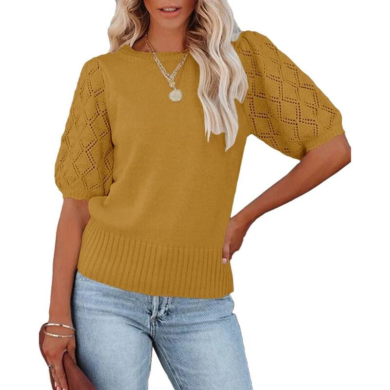 セオリア レディース トップス Tシャツ クルーネック ニット Seoria Women'short Sleeve Knitop Crew Neck Lightweight Crochet Pullover Summer Tees Ginger Yellow イエロー｜ReVida 店