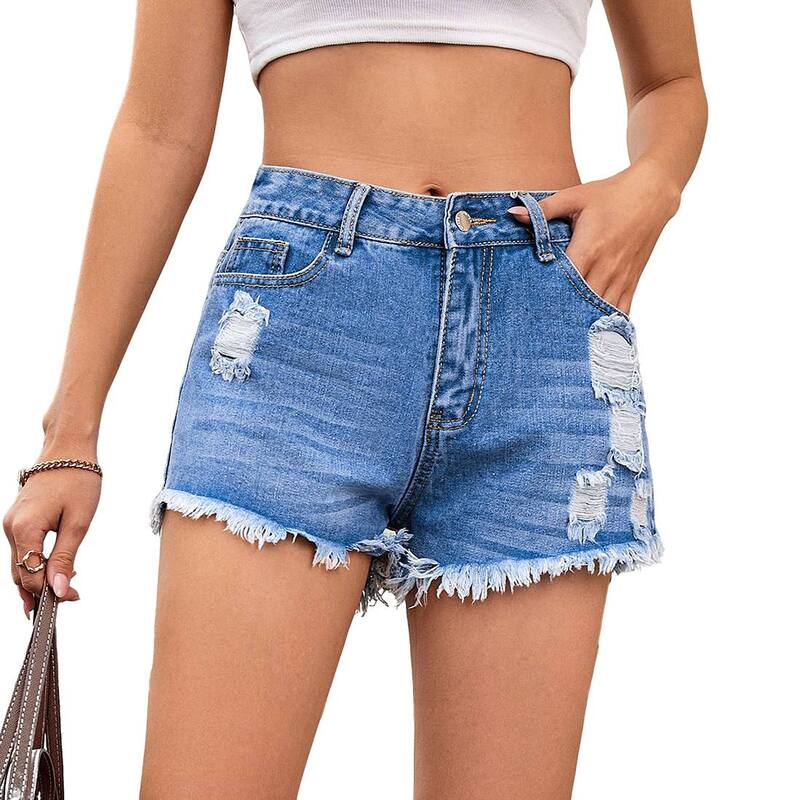 エリートスピリット レディース ボトムス ハーフパンツ・ショーツ ハイウエスト ショートパンツ デニム EliteSpirit Womens High Waist Distressed Frayed Hem Side Pockets Casual Denim Shorts Dark Blue ブルー｜ReVida 店