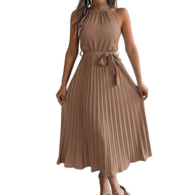 ジョイジョイ レディース トップス ワンピースリムフィット ミディ ノースリーブ JoyJoy Women Sleevelesstand Collar Midi Dresslim Fit with Waist Cinching Pleats Waistie Back Zipper Khaki カーキ｜ReVida 店