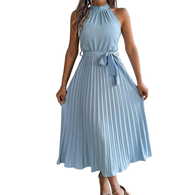ジョイジョイ レディース トップス ワンピースリムフィット ミディ ノースリーブ JoyJoy Women Sleevelesstand Collar Midi Dresslim Fit with Waist Cinching Pleats Waistie Back Zipper Light Blue ブルー｜ReVida 店