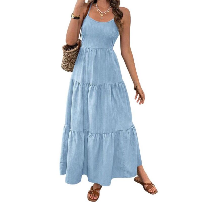 ジョイジョイ レディース トップス ワンピース ティアード 背中開き マキシ JoyJoy Women\'s Backless Tie red Cake Maxi Dress Bow Tie Back Waist-Tied Flowy Spaghetti Strap Casual Dress Blue ブルー｜ReVida 店