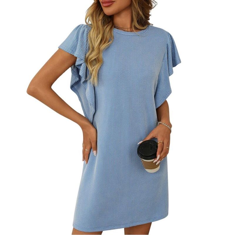 セオリア レディース トップス ワンピース ミニ Seoria Women Summer Casual Dress Flutter Sleeve Round Neck Striped Mini Dressesky Blue ブルー|ReVida 店