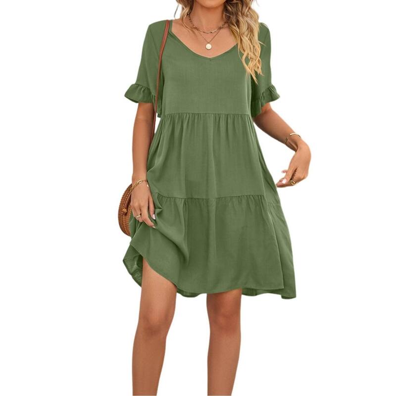 セオリア レディース トップス ワンピース Vネック ティアード A ライン フリル ミニ Seoria Women Dresses V Neck Ruffle Sleeve A Line Tie red Flowy Casual Trendy Mini Beach Dress with Pockets Green グリーン|ReVida 店