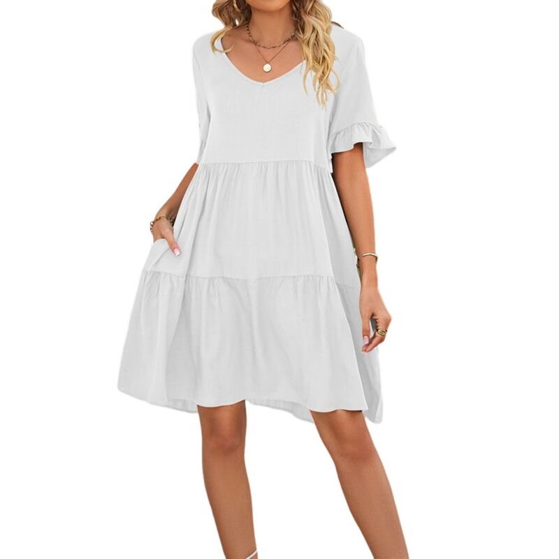 セオリア レディース トップス ワンピース Vネック ティアード A ライン フリル ミニ Seoria Women Dresses V Neck Ruffle Sleeve A Line Tie red Flowy Casual Trendy Mini Beach Dress with Pockets White ホワイト｜ReVida 店