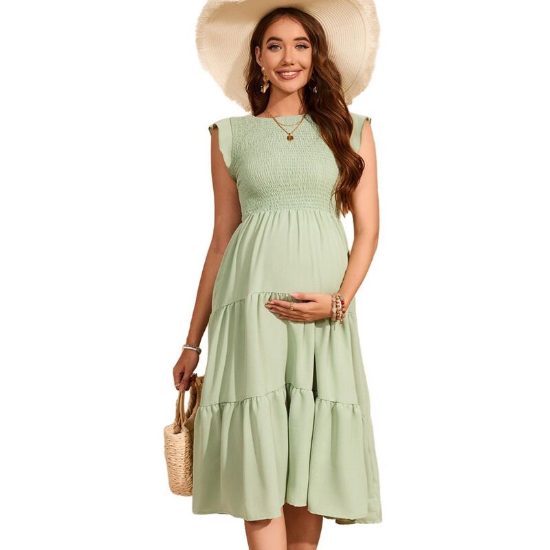 セオリア レディース トップス ワンピース クルーネック フリル ミディ シャーリング マタニティ Seoria Women Casual Maternity Midi Dresses Crew Neck Ruffle Sleeve Smockedress Pregnancy Clothes Green グリーン｜ReVida 店