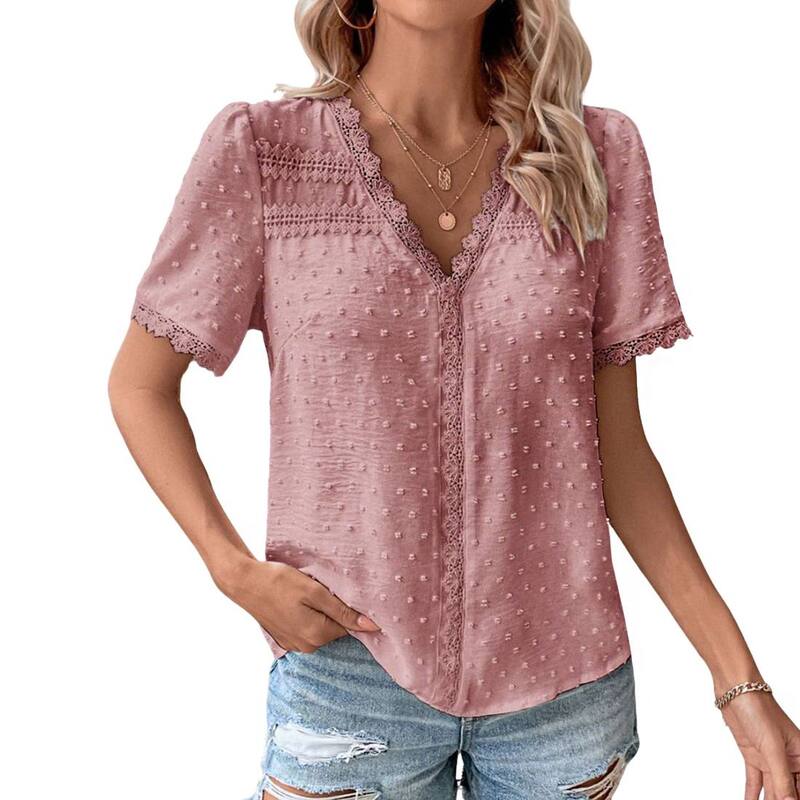 エリートスピリット レディース トップス シャツ Vネック レーストリム ブラウス レース EliteSpirit Women's V Neck Short Sleeve Lace Trim Textu red Swiss Dotop Relaxed Casual Blouse Pink ピンク｜ReVida 店