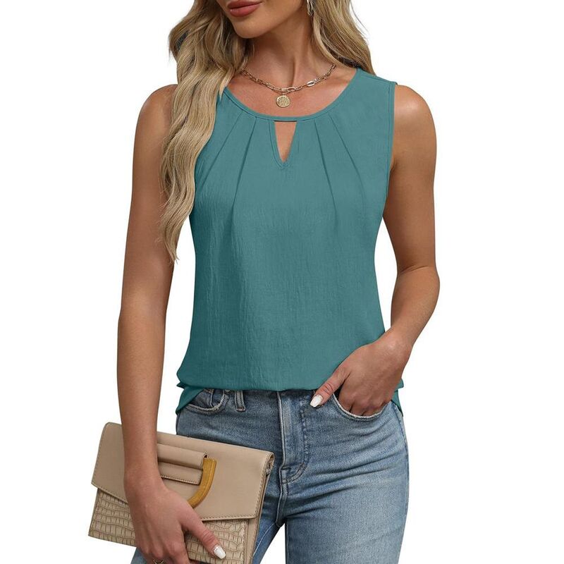ジョイジョイ レディース トップス Tシャツ クルーネック ギャザー ノースリーブ JoyJoy Women'summer Classicrew Neck Sleeveless Tank Top Hollow-Out Ruched Casual Versatile T-Shirt Mint Green グリーン｜ReVida 店