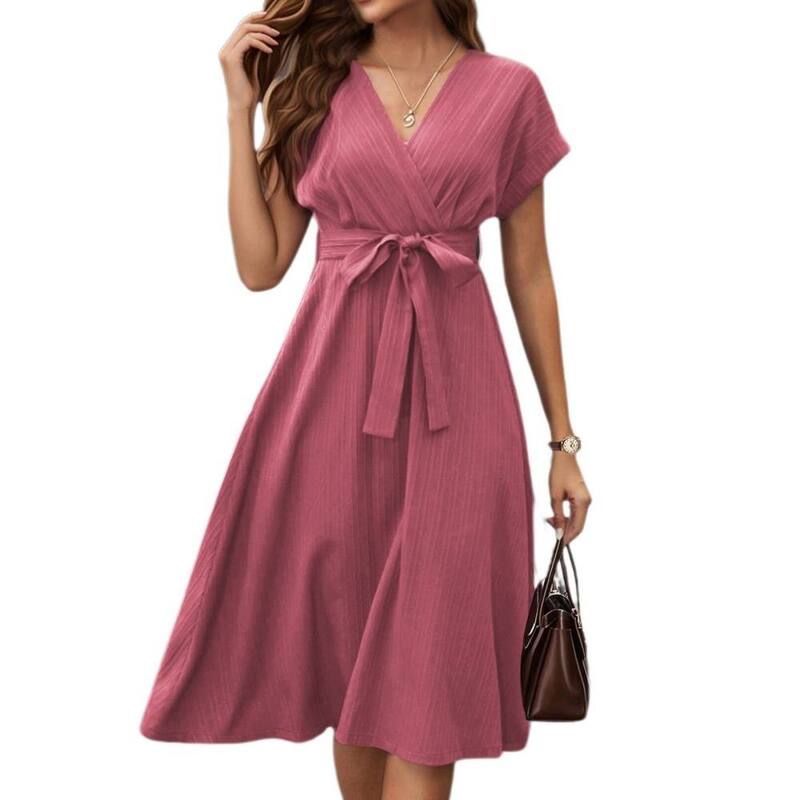 イエスファッション レディース トップス ワンピースリムフィット Vネック A ライン ミディ Yesfashion Women Dressy Causal Short Sleeve Dresses V Neck A Line Midi Dress Elegant Slim Fit Cocktail Dress Pink ピンク｜ReVida 店