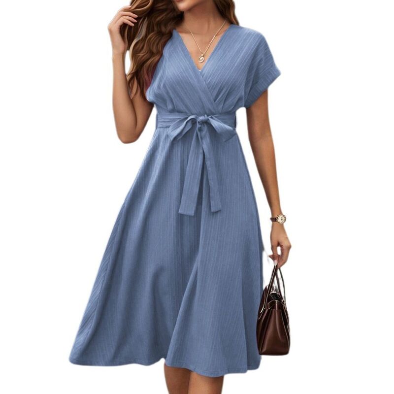 イエスファッション レディース トップス ワンピースリムフィット Vネック A ライン ミディ Yesfashion Women Dressy Causal Short Sleeve Dresses V Neck A Line Midi Dress Elegant Slim Fit Cocktail Dressky Blue ブルー｜ReVida 店