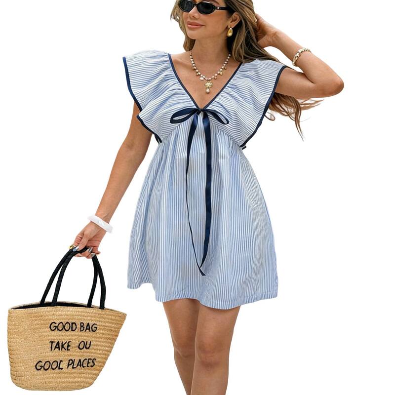 コジョイン レディース トップス ワンピース Vネック フリル ミニ Kojooin Women's V-Neck Flutter Sleeve Striped Casual Mini Dress Loose Ruffled Hem Summer Dress Blue ブルー｜ReVida 店