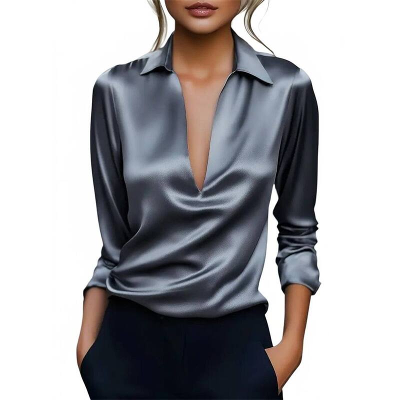 コジョイン レディース トップス シャツ サテン ブラウス Kojooin Women's Elegant Satin Long Sleeve Blouse Dressy Colla red Work Shirt Dark Grey グレー｜ReVida 店