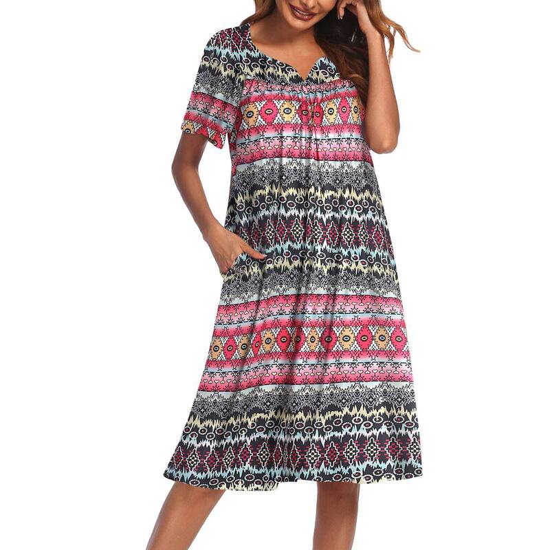 エコアー レディース アンダーウェア ナイトウェア Ekouaer Womens House Dress with Pockets Black Red Boho ブラック｜ReVida 店