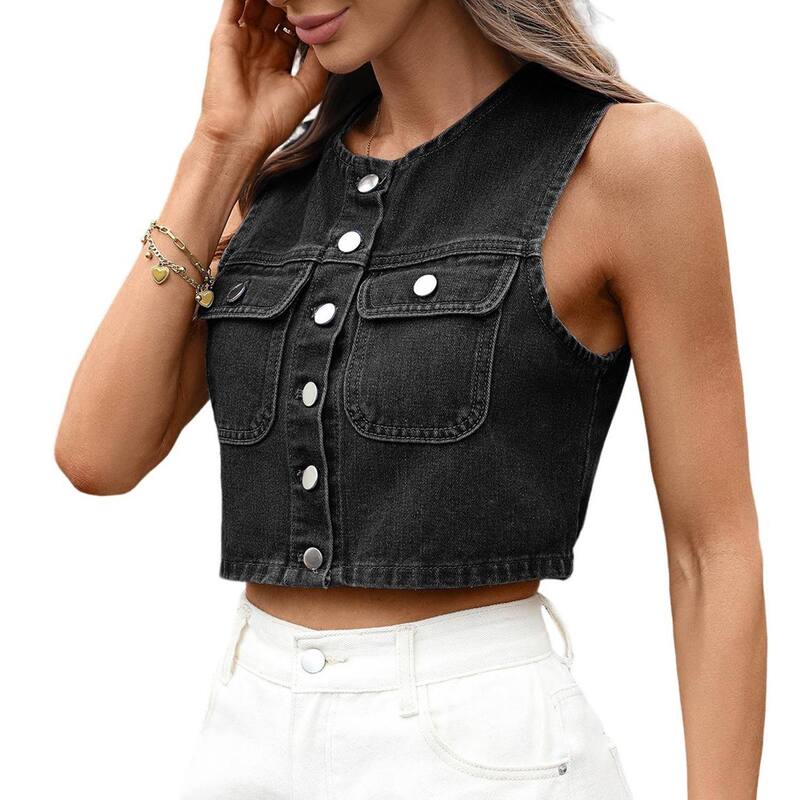 セオリア レディース トップス Tシャツ ベスト ノースリーブ デニム Seoria Women's Washedenim Vest Casual Round Neck Sleevelesstreewear Jean Top with Pockets Black And Gray ブラック｜ReVida 店