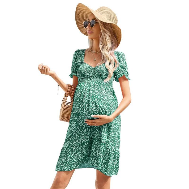 イエスファッション レディース トップス ワンピース ハイウエスト ミニ シャーリング マタニティ Yesfashion Women\'s Maternity Puff Sleeve High Waist Mini Dressmocked Bust Casual Dress Emerald Floral エメラルド｜ReVida 店