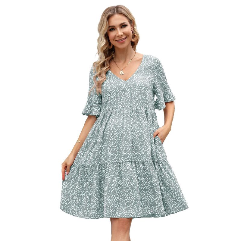 コジョイン レディース トップス ワンピース Vネック フリル マタニティ Kojooin Women Maternity Dress V Neck Short Sleeves Ruffle Flowy Summer Boho Dress Baby Shower Photoshoot Green グリーン｜ReVida 店