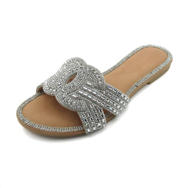 F.C デザイン レディース シューズ サンダル フリンジ F.C Design HONEY-139 Rhinestone Cat Face Fringe Slide Sandalslipper silver シルバー｜ReVida 店