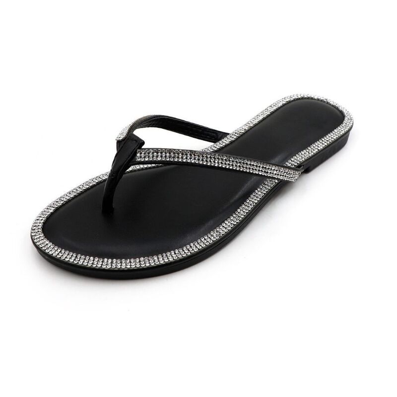 F.C デザイン レディース シューズ サンダル F.C Design HONEY-49 Rhinestone Trim Thong Flip Flop Flat Sandals Black ブラック｜ReVida 店